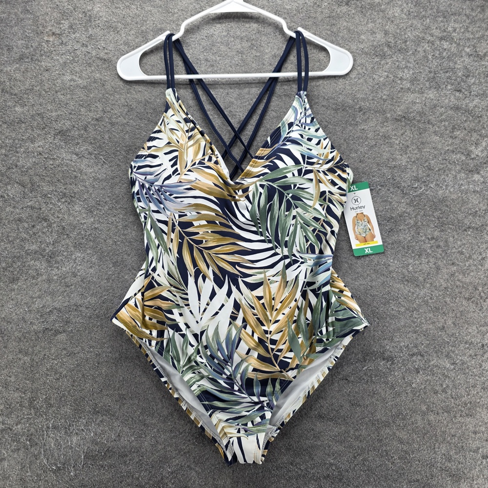 Hurley One Piece Womens XL Green Tropical Leaf UPF 50+ Spaghetti Strap Swimwear